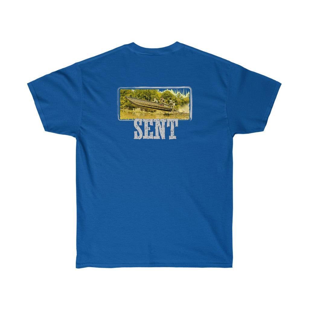 A royal blue short-sleeve t-shirt with a graphic on the chest depicting a boat on water with the word 'SENT' printed below in distressed white letters, shown against a plain white background.