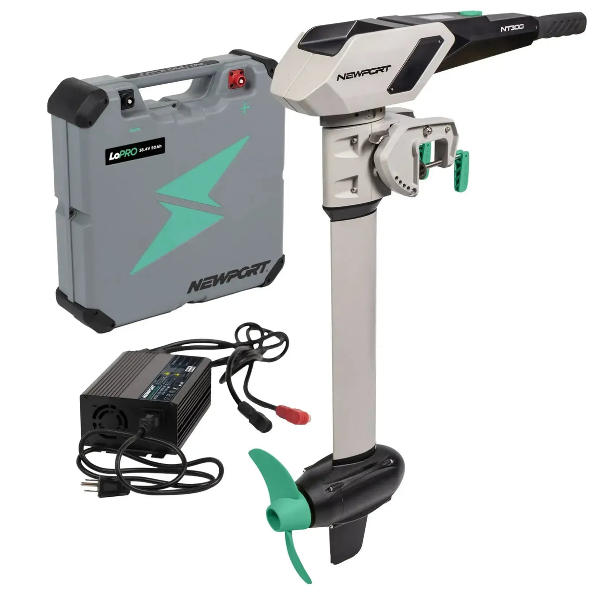 Newport NT300 3HP electric outboard motor with gray battery, charger, and green propeller.