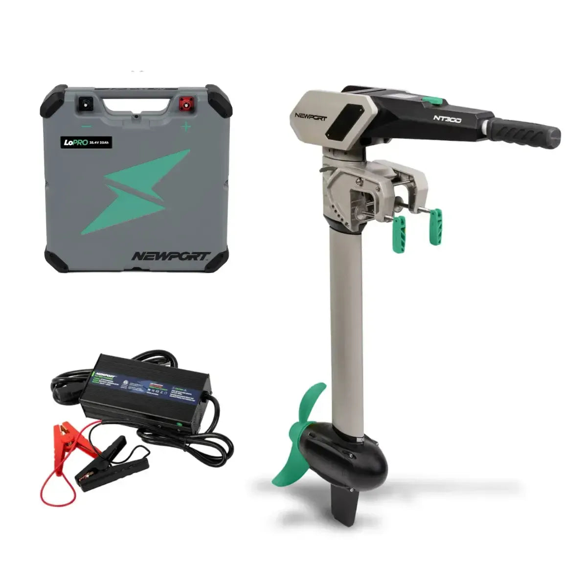 Newport NT300 3HP electric outboard motor with gray battery box, charger, and green propeller.