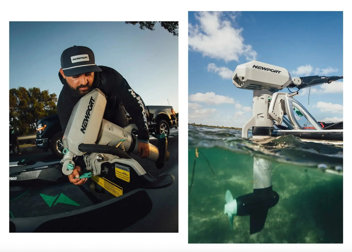 Man attaching a gray Newport NT600 6hp electric outboard motor to a boat, and a close-up of the motor in water.