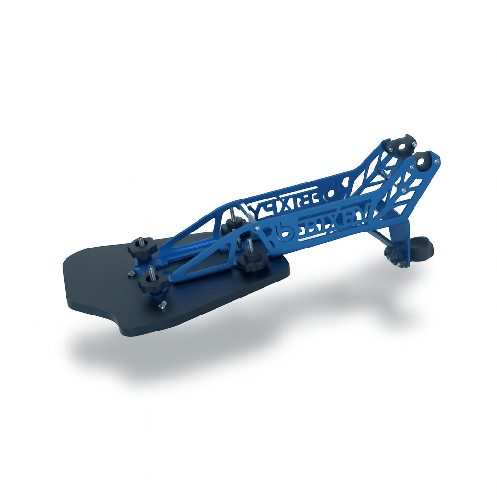 Blue metal crane model on a white background