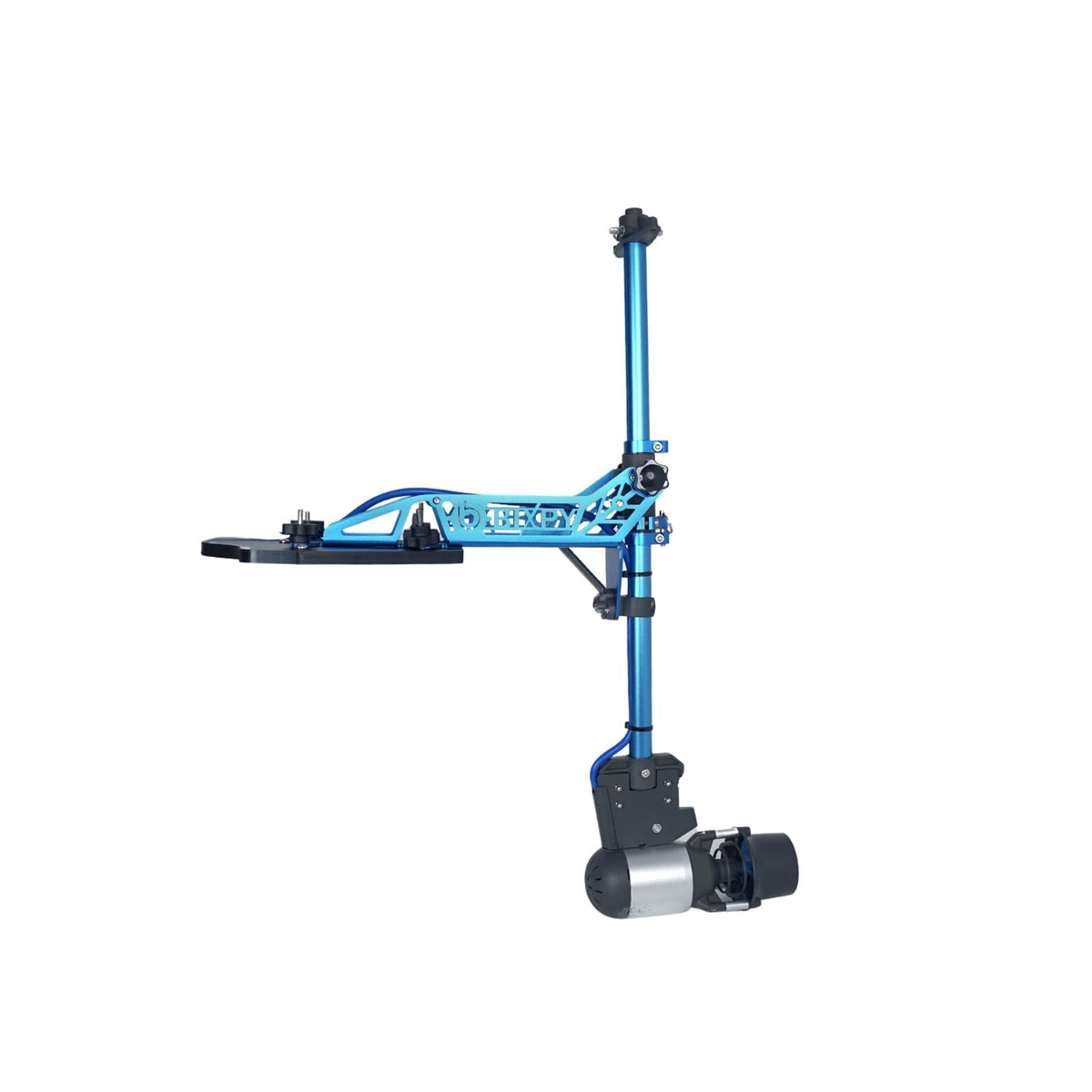 Blue and black mechanical arm on a white background