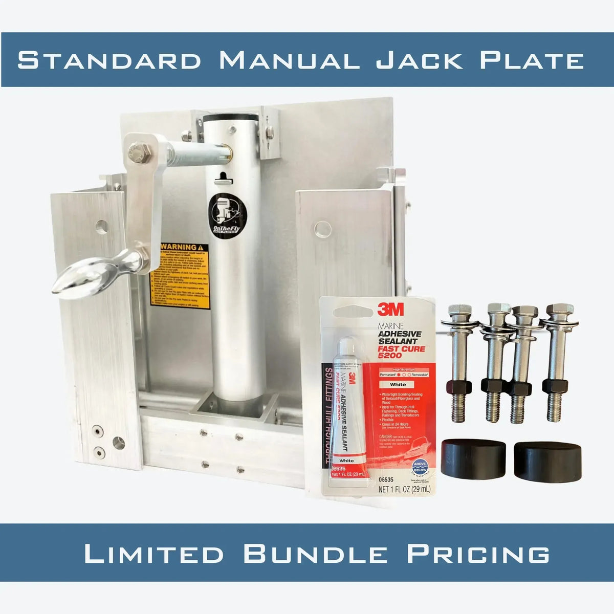 Silver OnTheFly manual jackplate with handle, 3M sealant, stainless steel bolts, and black motor clamp spacers.