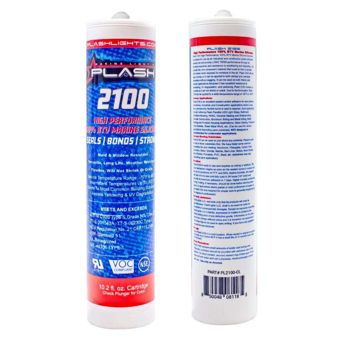 Two tubes of Plash 2100 high performance RTV marine silicone sealant on a white background.