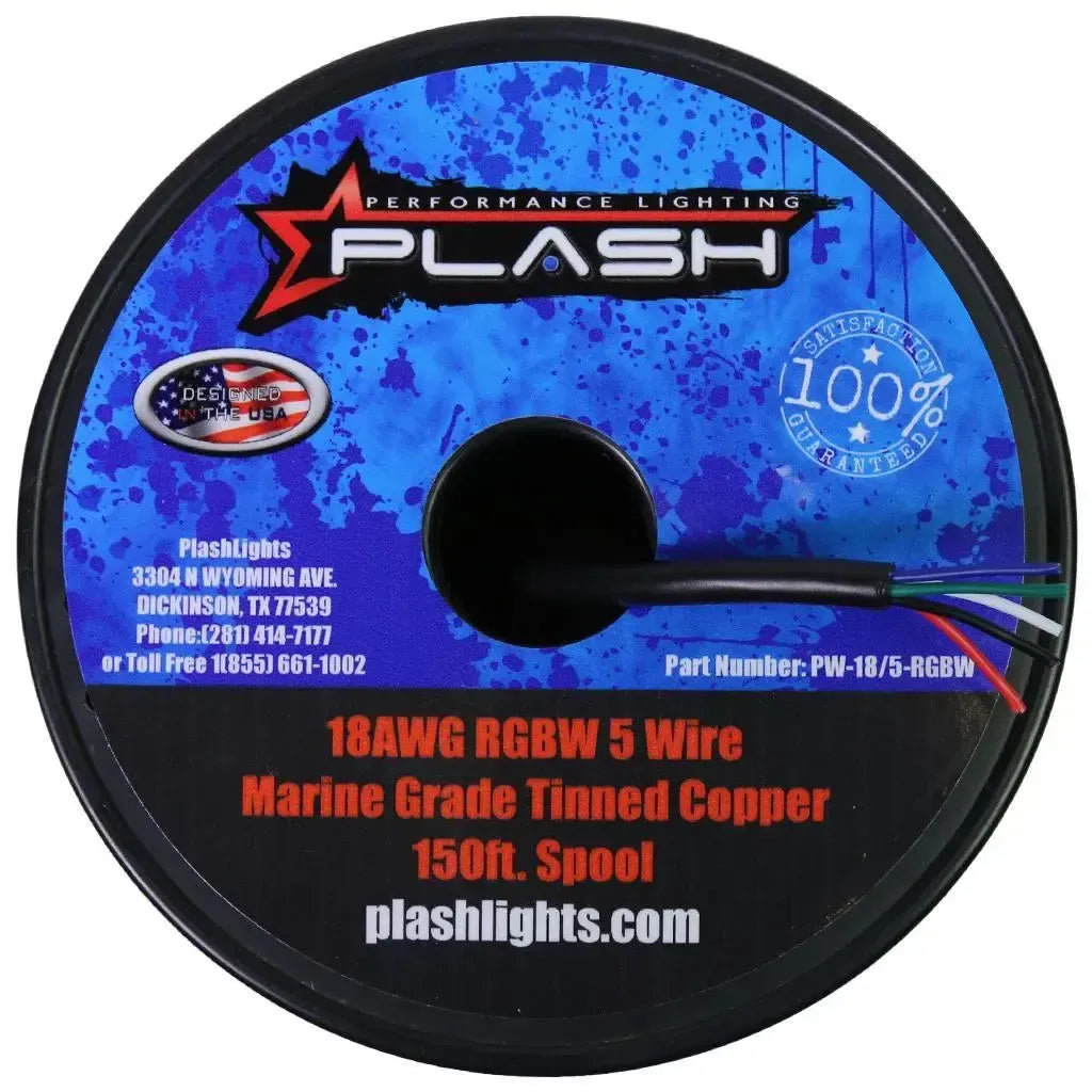PlashLights 18AWG RGB+W 5-conductor marine wire with black jacket and exposed tinned copper strands.