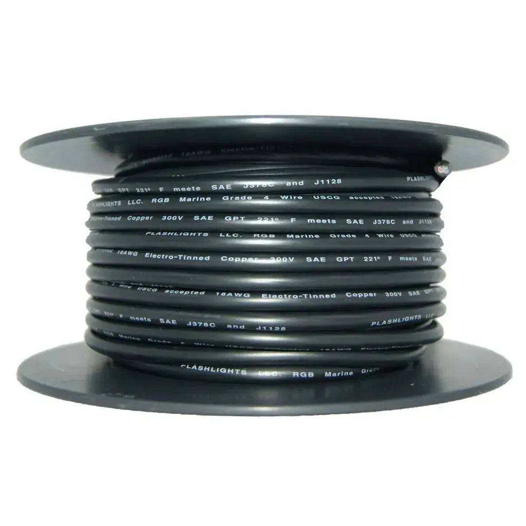 Black 150ft spool of PlashLights 18AWG RGB+W 5 conductor electro-tinned copper marine wire.