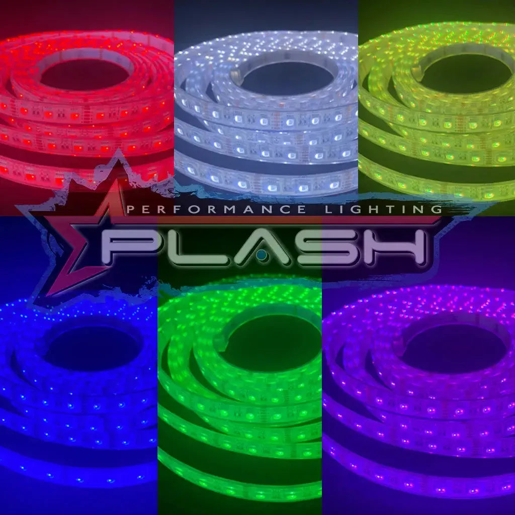 Coiled PlashLights waterproof flexible LED strips in red, white, yellow, blue, green, and purple.
