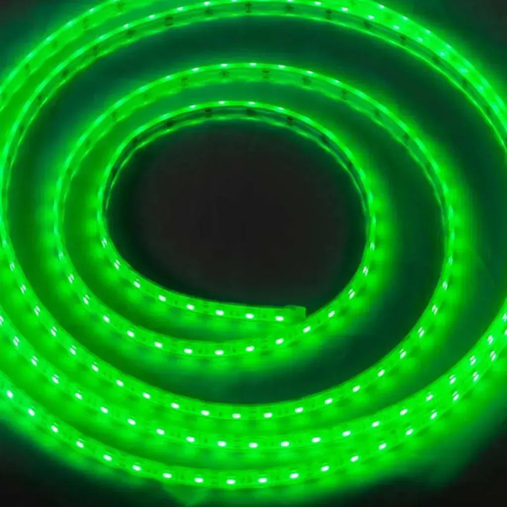 Coiled green PlashLights waterproof flexible LED light strip with individual LEDs visible.