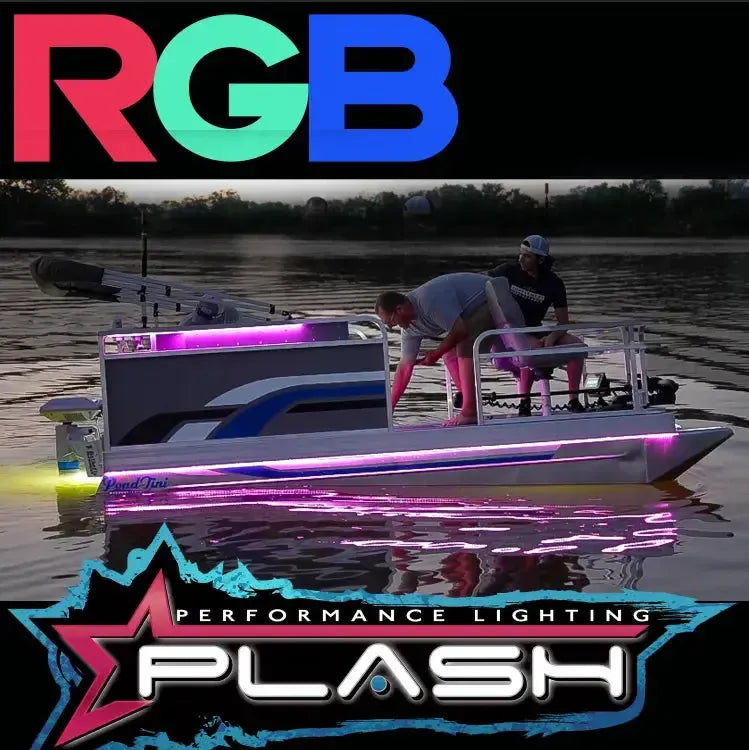 Plashlight RGBW color-changing waterproof flexible light strip illuminating a boat with vibrant purple and yellow.