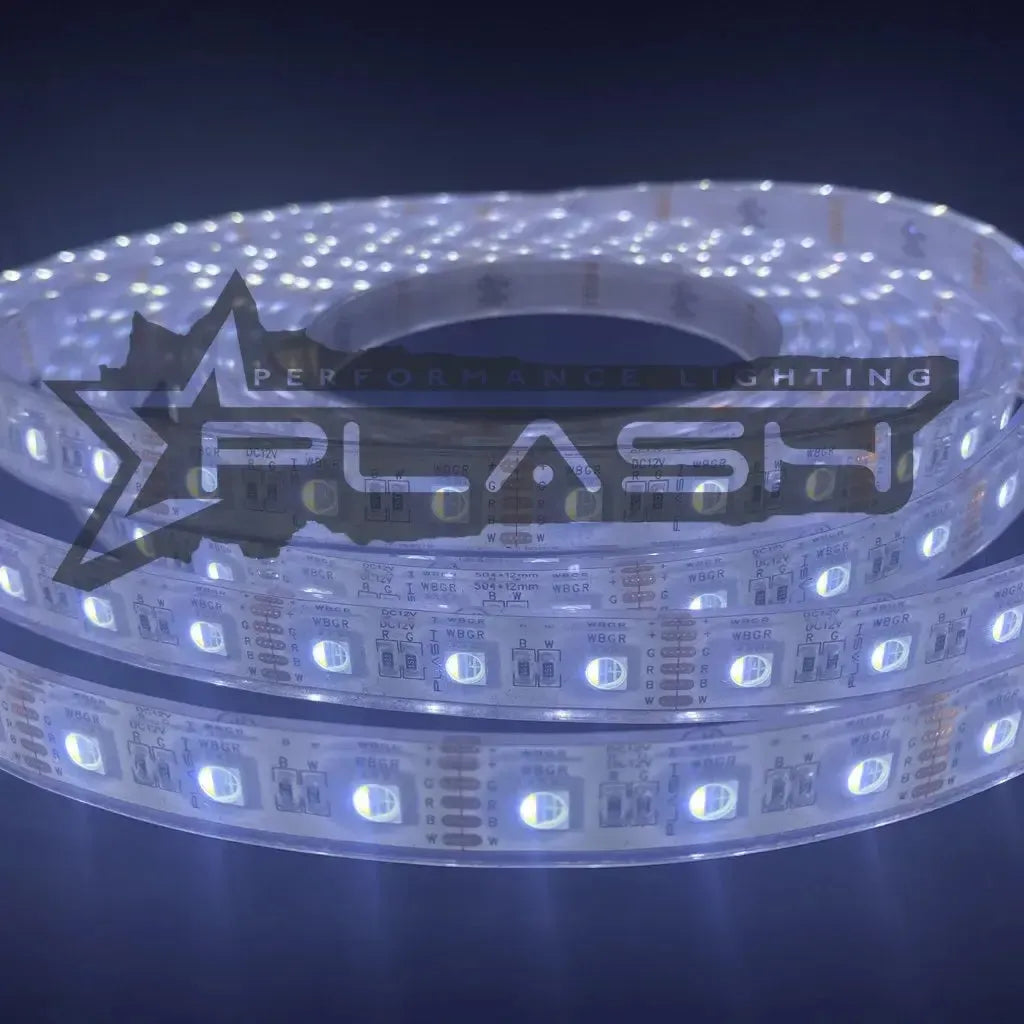 Coiled Plashlight 12V RGBW IP68 waterproof flexible LED light strip glowing white.