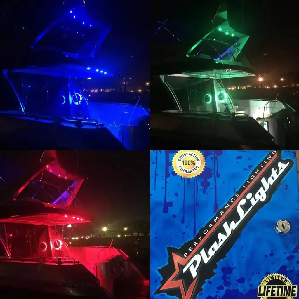 Plashlight 12V RGBW flexible light strip illuminating a boat in blue, green, and red, with packaging.