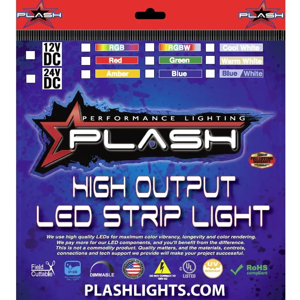 Plashlight 12V RGBW color-changing waterproof flexible LED strip light packaging with features.