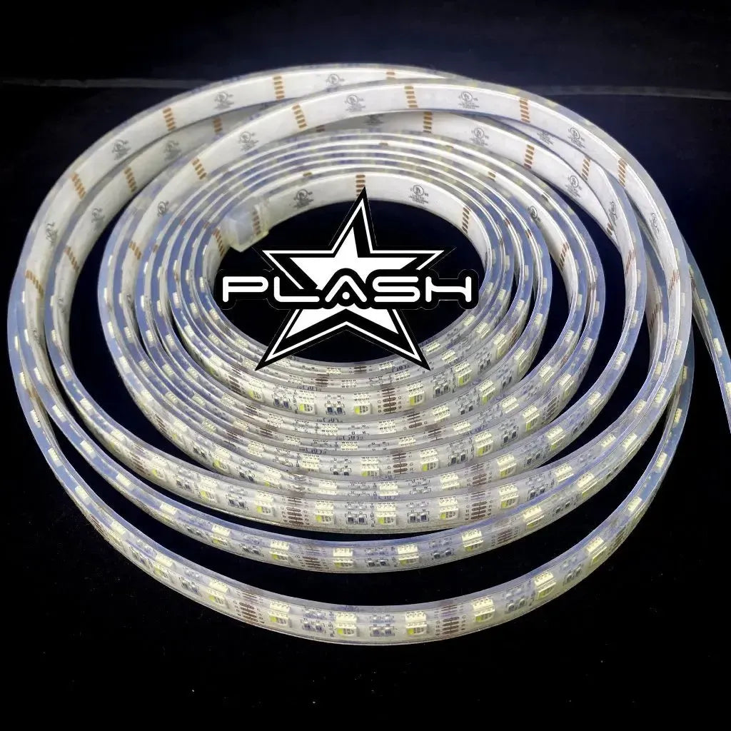 Coiled Plashlight 12V RGBW color-changing waterproof flexible LED light strip with clear casing.