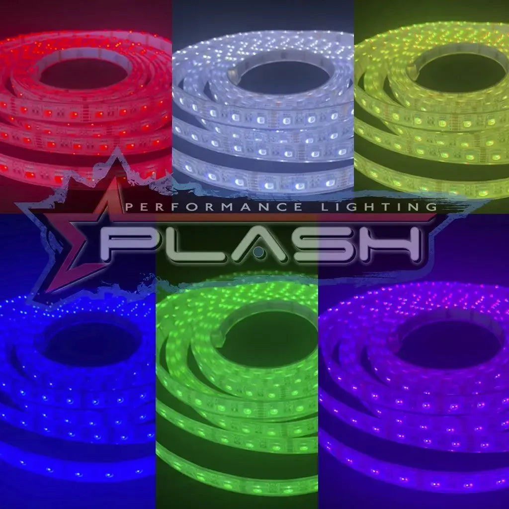 Coiled Plashlight 12V RGBW flexible light strips glowing red, white, yellow, blue, green, and purple.
