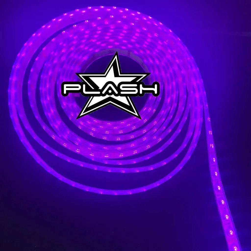 Coiled purple Plashlight 12V RGBW waterproof flexible LED light strip with the Plash logo.