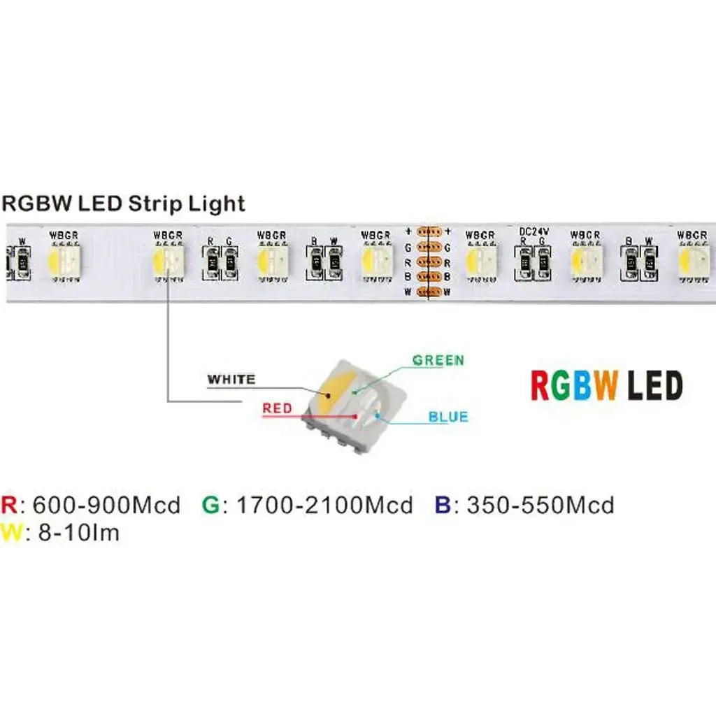 White RGBW LED strip light with individual red, green, blue, and white diodes shown.