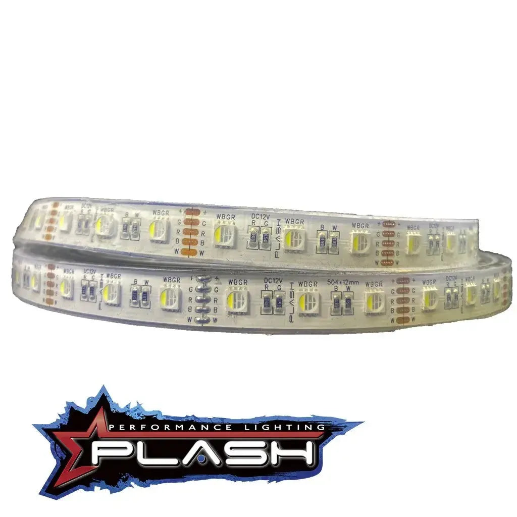 White flexible LED light strip with visible RGBW nodes and circuit markings.