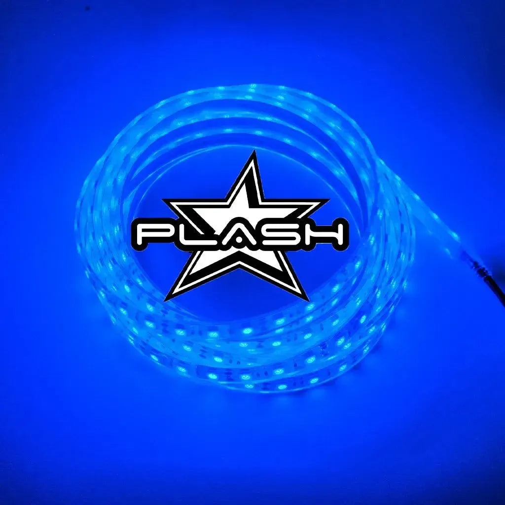 Coiled Plashlight 12V RGBW flexible light strip glowing bright blue with the Plash logo.
