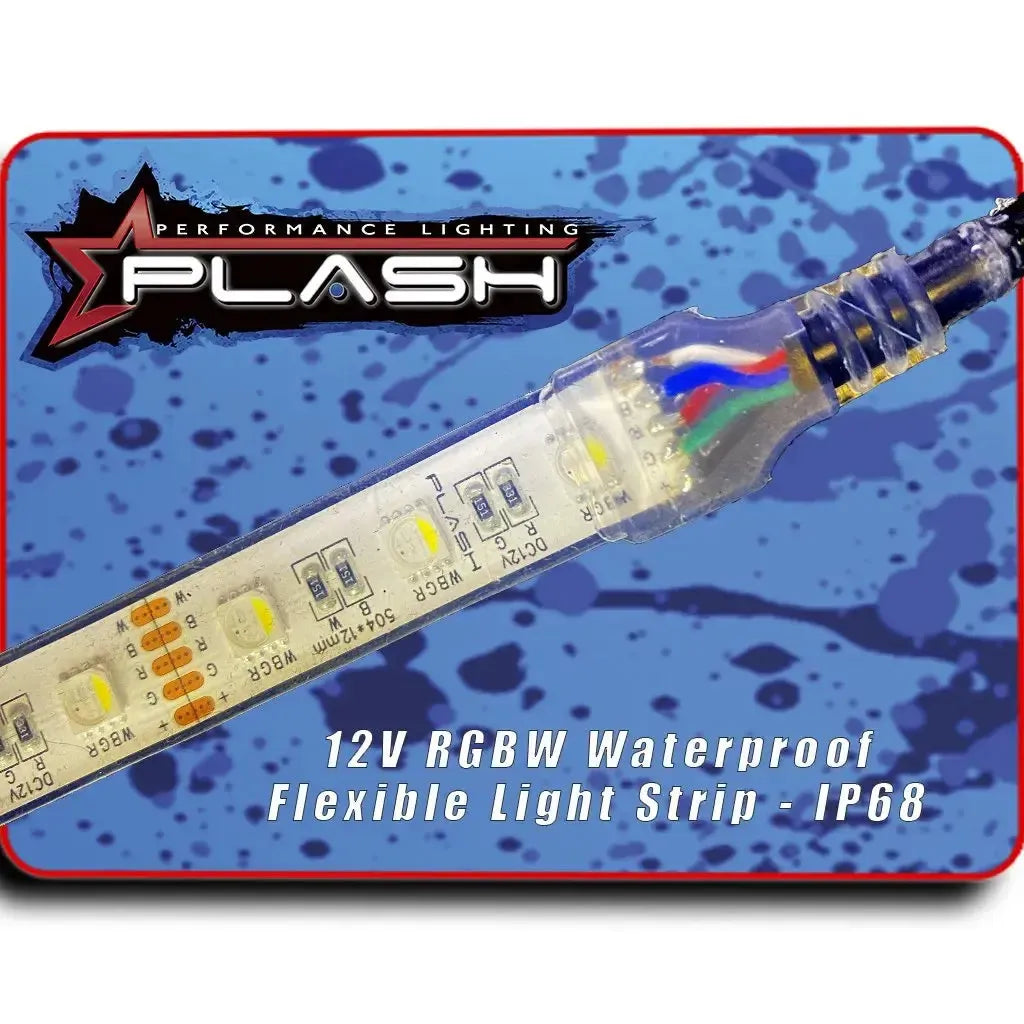 Close-up of a clear, flexible Plashlight RGBW LED strip with visible diodes and wiring.