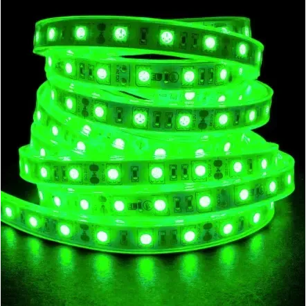 Coiled green waterproof LED light strip for marine environments.
