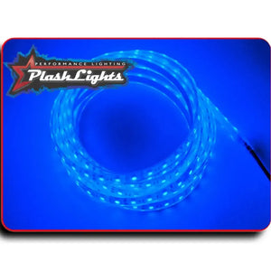 Coiled blue PlashLights waterproof LED strip, glowing brightly against a dark background.
