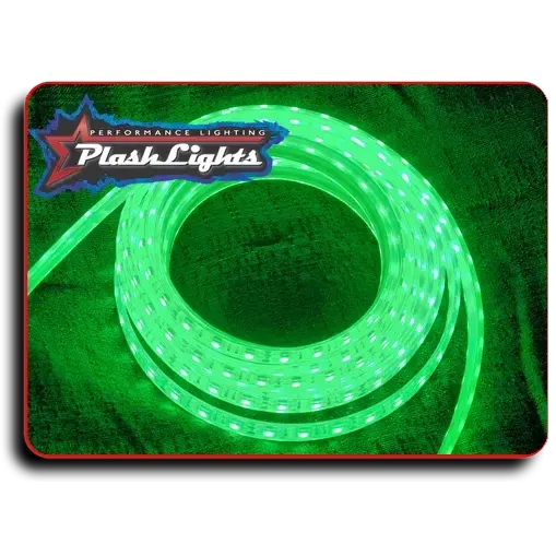 Coiled green PlashLights waterproof LED light strip with visible individual LEDs.