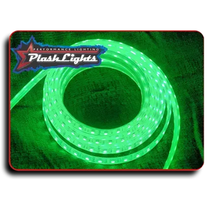 Coiled green PlashLights waterproof LED light strip with visible individual LEDs.