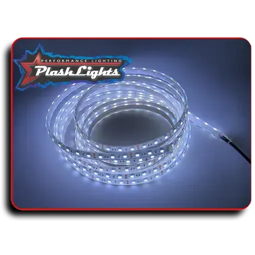 Coiled white PlashLights waterproof LED strip with bright lights, ideal for marine environments.