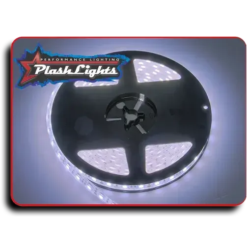 White PlashLights waterproof LED strip light coiled on a black reel, glowing brightly.