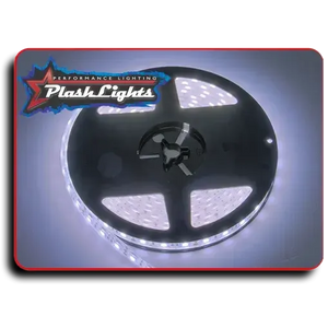 White PlashLights waterproof LED strip light coiled on a black reel, glowing brightly.