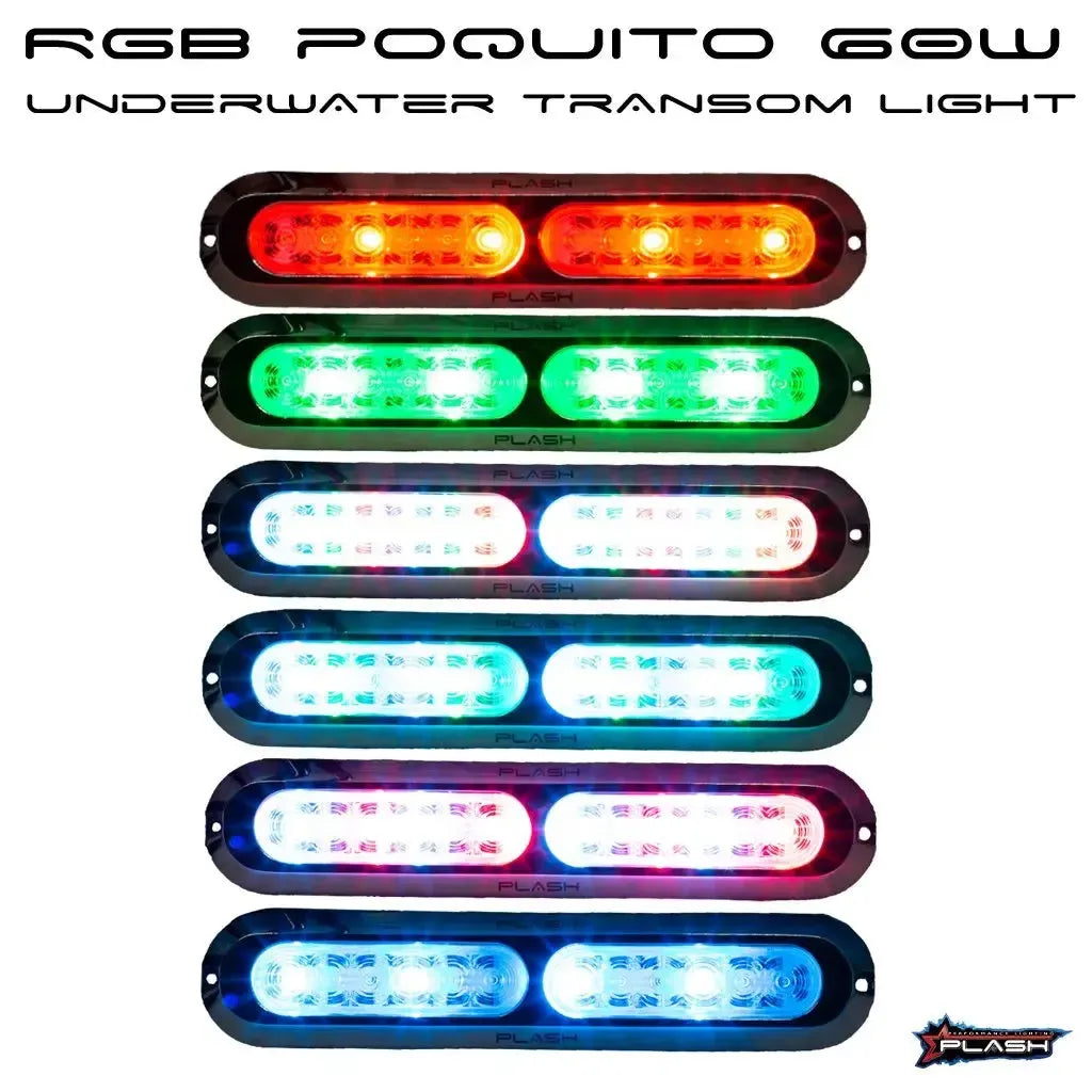 Plashlight Poquito 60W RGB underwater transom light, showing various LED colors in a 316 stainless steel housing.