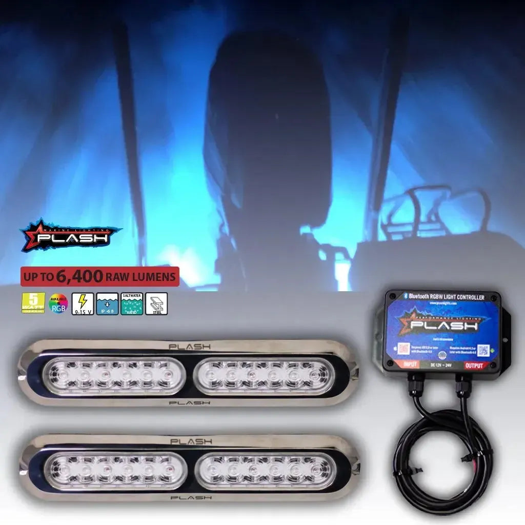 Plashlight Poquito 60W RGB underwater transom light, showing various LED colors in a 316 stainless steel housing.