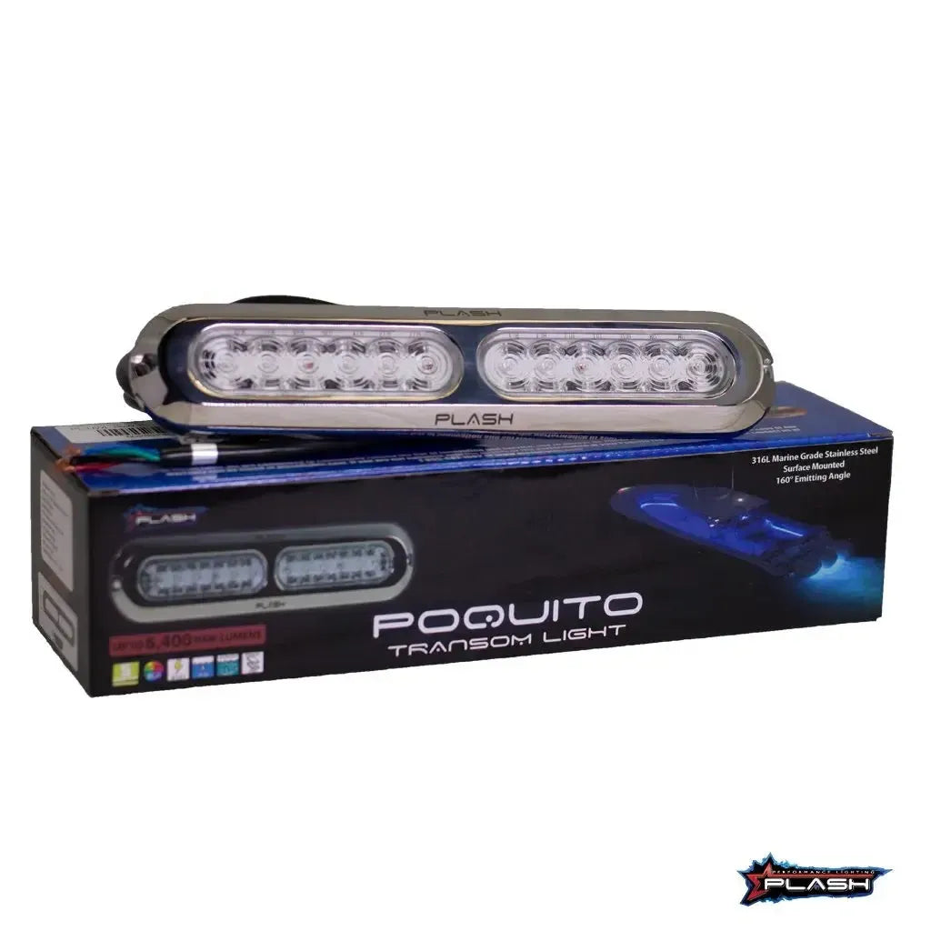 Plashlight Poquito 60W RGB underwater transom light in 316L marine-grade stainless steel, shown with packaging.