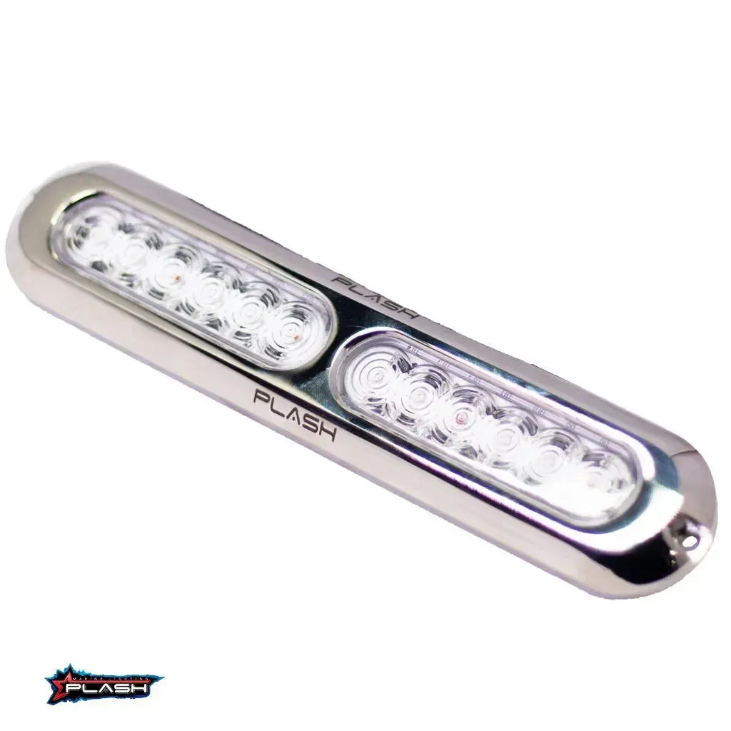 Plashlight Poquito 60W RGB underwater transom light with polished 316 stainless steel housing.