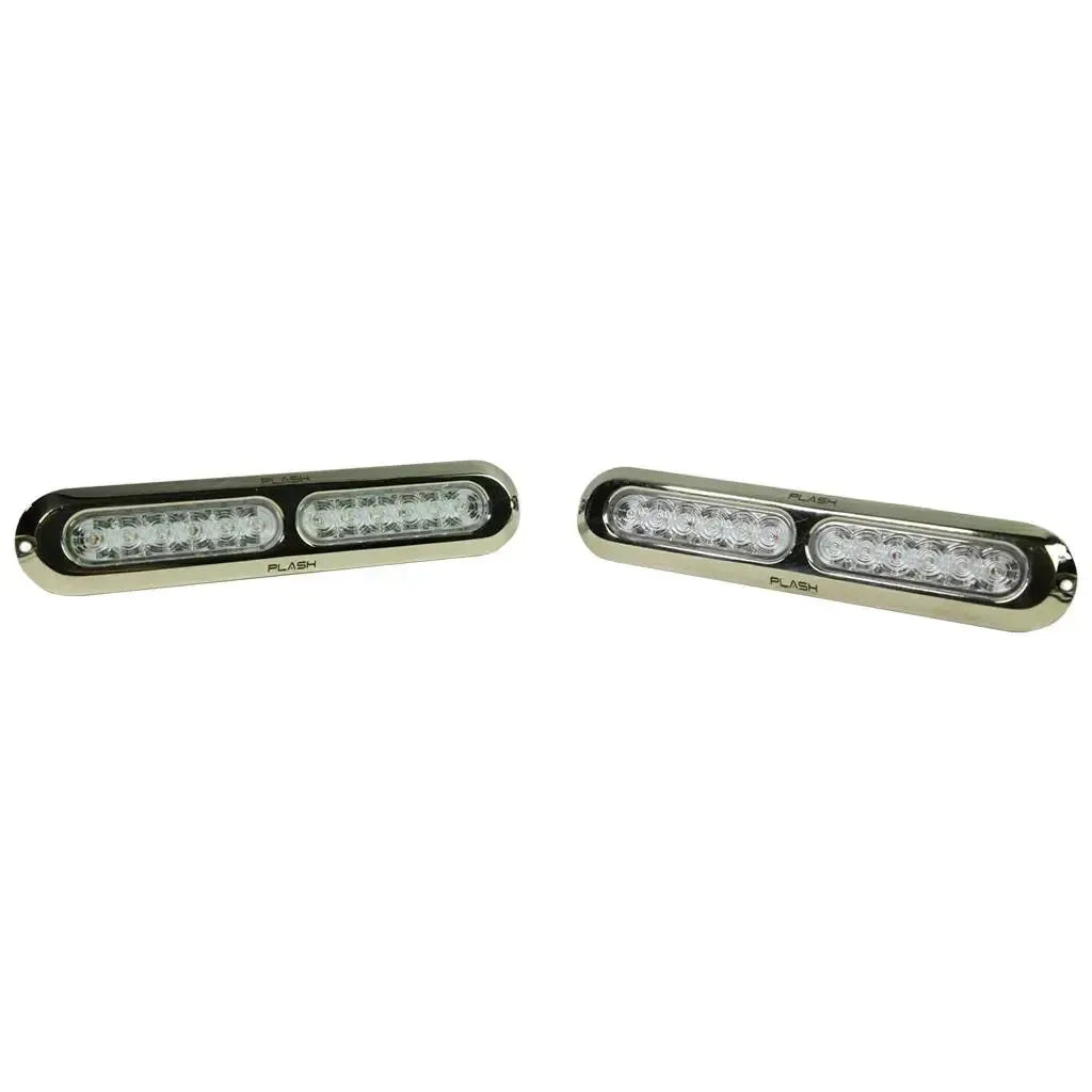 Two Plashlight Poquito 60W RGB underwater transom lights with polished 316 stainless steel housing.