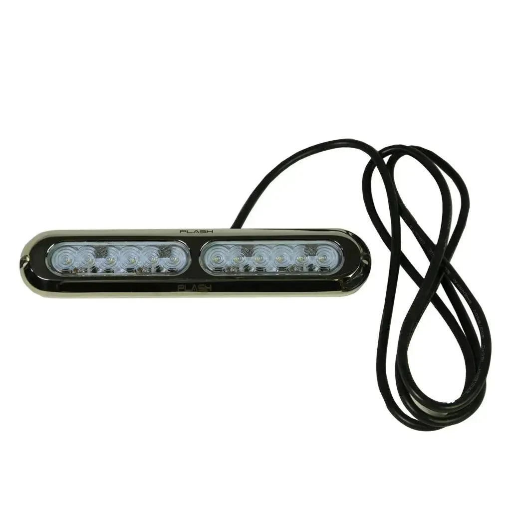 Plashlight Poquito 60W RGB underwater transom light with polished 316 stainless steel housing and black wire.