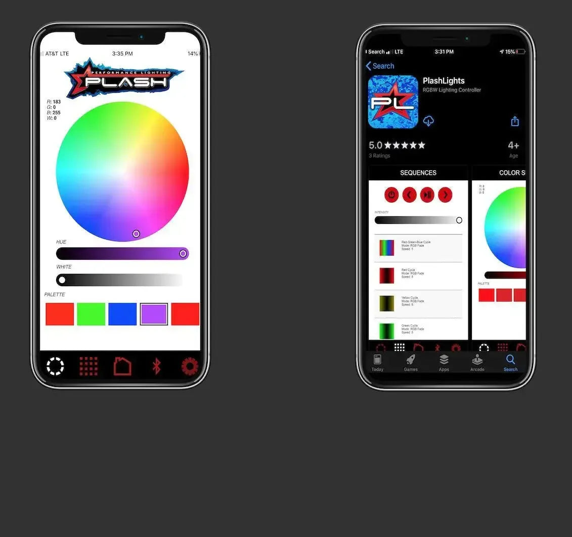 Two iPhones displaying the PlashLights RGB controller app with color wheels and sequence options.