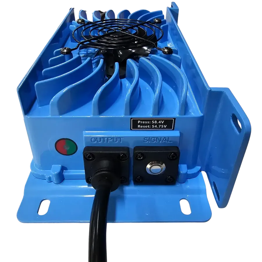 Blue Power House 48V 16A lithium battery charger with a black cooling fan and ribbed design.