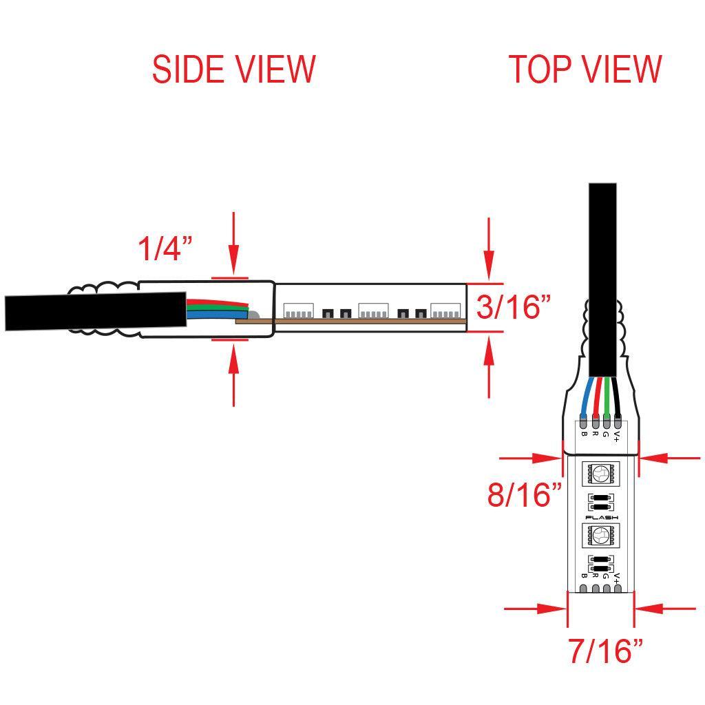 Technical dimension diagram of a cable showing side and top views with measurements labeled 1/4 inch, 3/16 inch, 8/16 inch, and 7/16 inch on a white background.