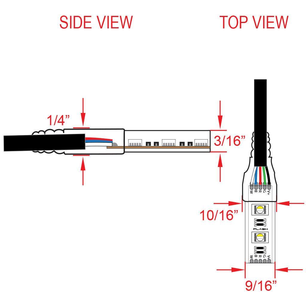 Technical dimension diagram of a cable connector showing side and top views with measurements labeled 1/4 inch, 3/16 inch, 10/16 inch, and 9/16 inch on a white background.