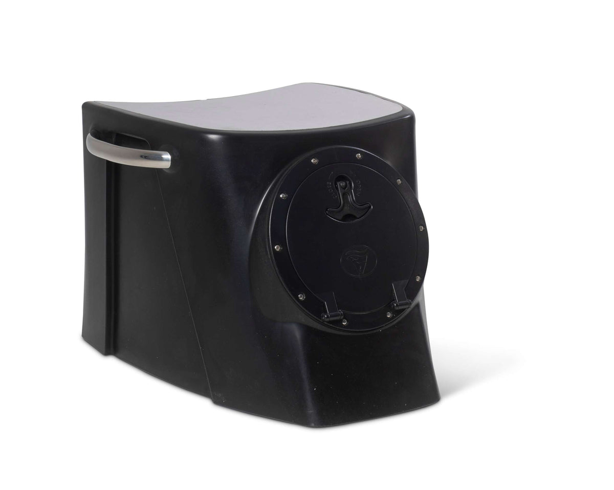 Black RPD 1019 rotationally molded polyethylene center console for Jon boat with stainless steel grab handle.