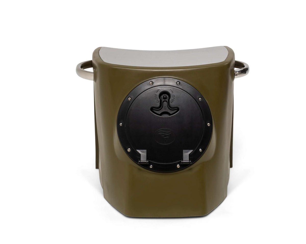 Black RPD 1019 rotationally molded polyethylene center console for Jon boat with stainless steel grab handle.