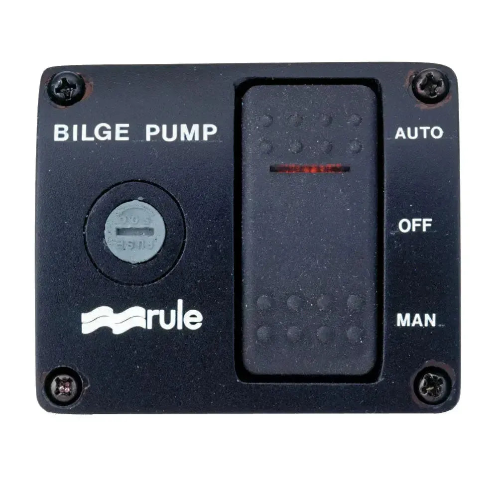 Black plastic Rule Deluxe 3-Way Lighted Rocker Panel Switch with fuse holder, "BILGE PUMP" label.