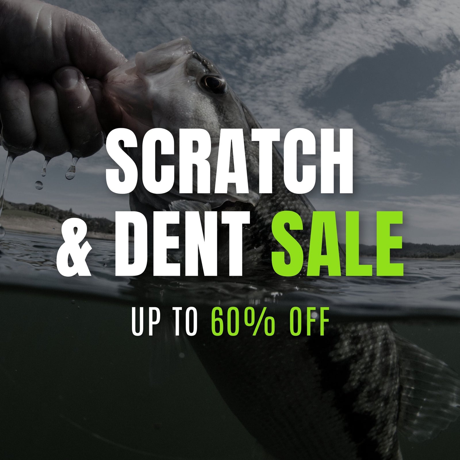 Hand holding a fish with 'Scratch & Dent Sale' text overlay on a dark background