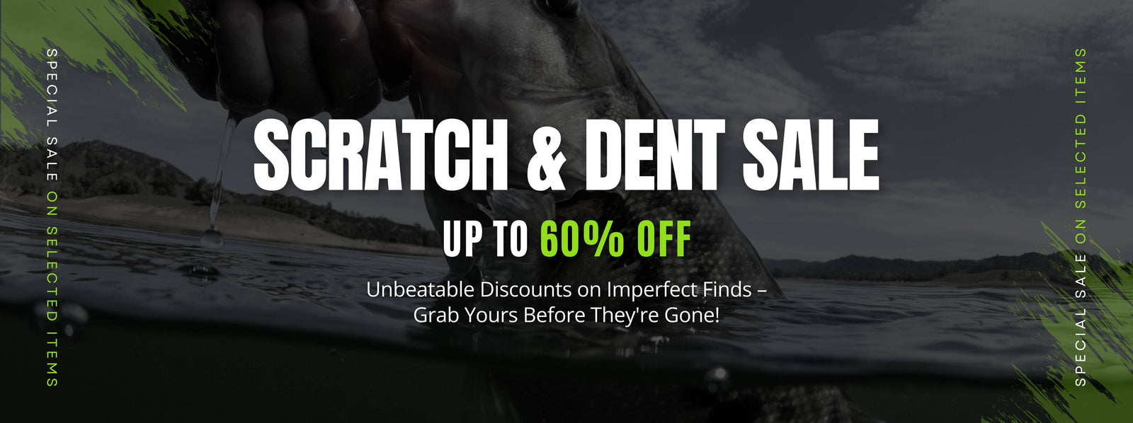 Scratch and Dent Sale advertisement with a dark background and text overlay.
