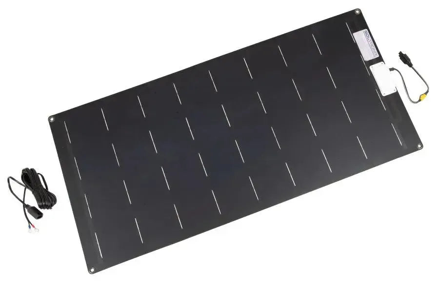 Sea Eagle 110 Watt semi-flexible black solar panel with charge controller and power cord.
