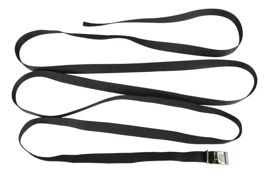 Black 13' nylon strap with a silver stainless steel buckle, coiled on a white background.