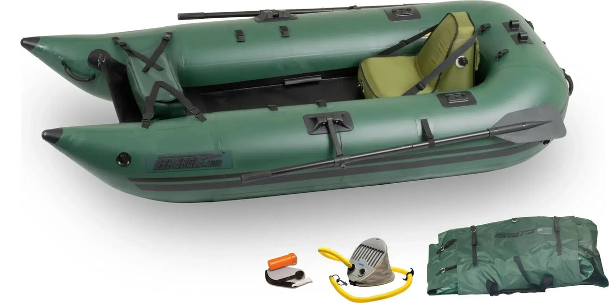 Hunter Green Sea Eagle 285 Frameless Pontoon Boat, inflatable U-hull fishing boat with seat, oars, pump, and carry bag.