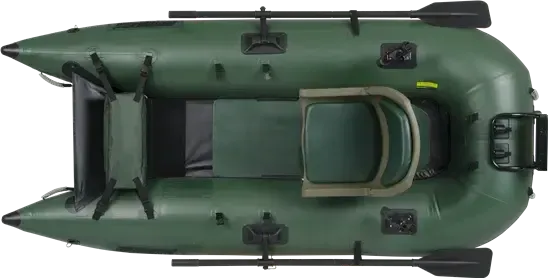 Hunter Green Sea Eagle 285 frameless inflatable pontoon fishing boat with oars and a dark green seat, top-down view.