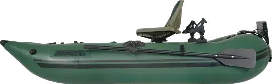 Hunter Green Sea Eagle 285 frameless inflatable pontoon fishing boat with an olive seat, oars, and rod holders.